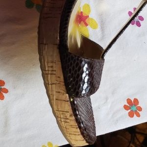 Brown snake leather with cork heel wedges